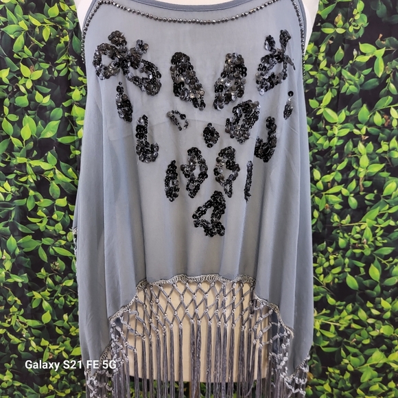 Forever 21 Blue Gray Sequined Sleeveless Fringe Top Large - Picture 2 of 5